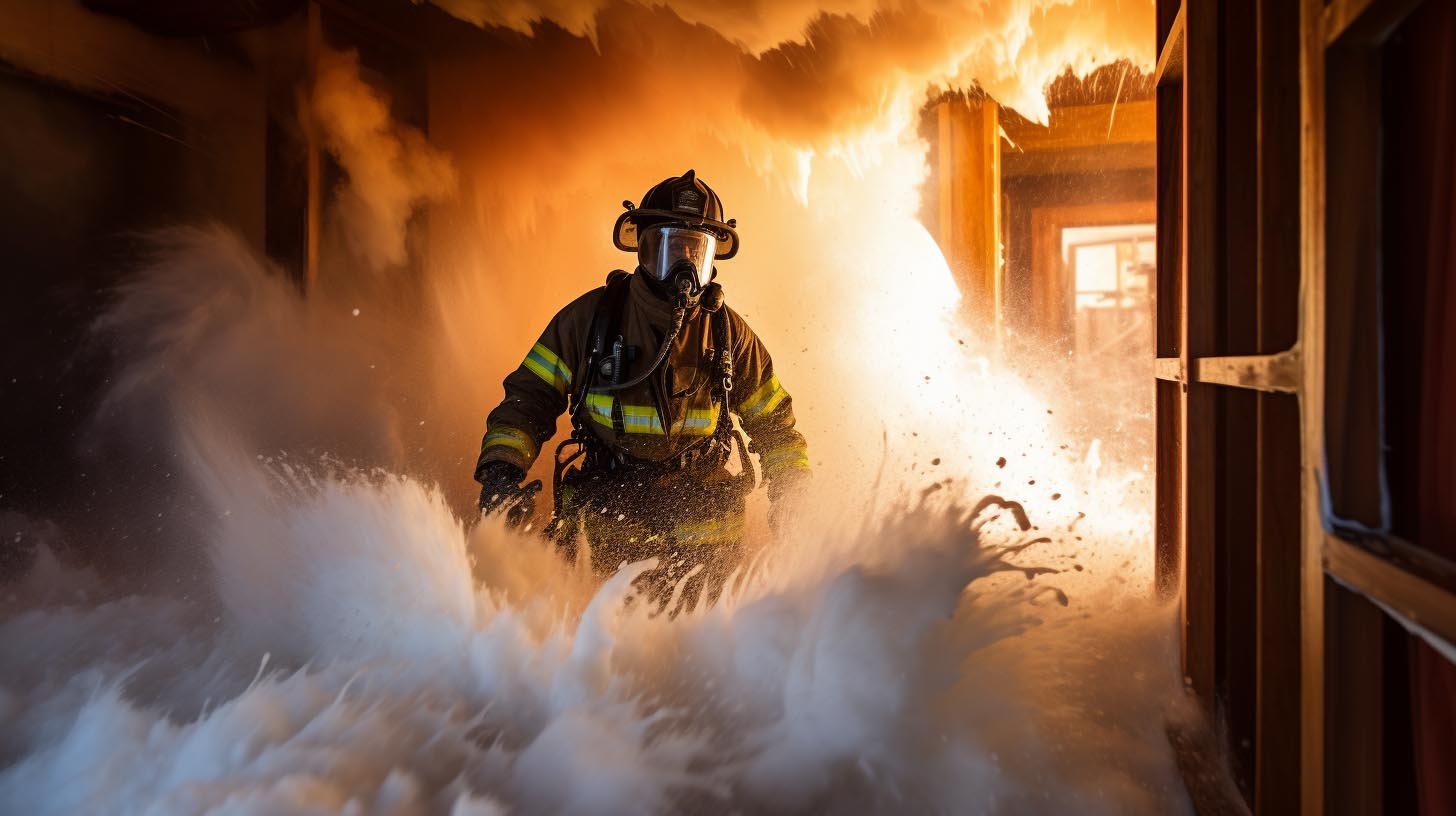 Firefighter Fighting Fire with Foam